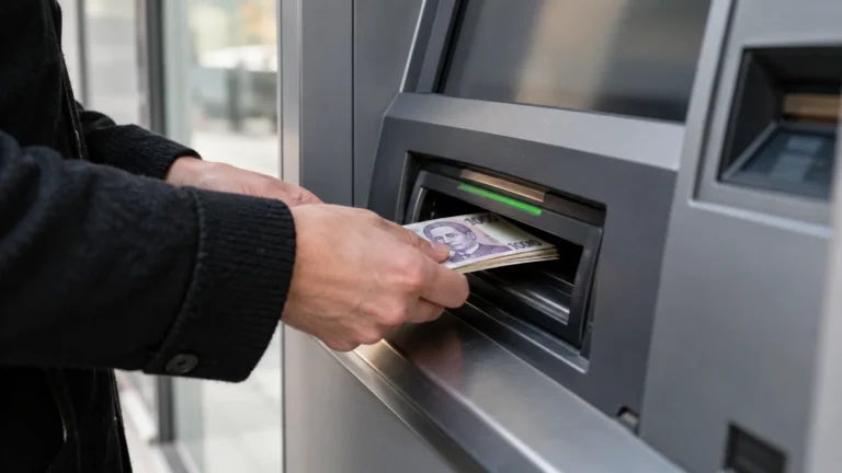 Vklad českých bankovek do vkladového bankomatu.