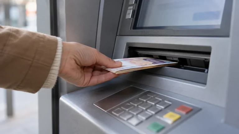 Ruka vkládá bankovky do vkladového otvoru bankomatu.
