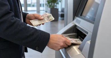 Klient vkládá české bankovky do vkladového bankomatu.