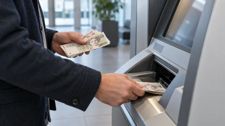 Klient vkládá české bankovky do vkladového bankomatu.