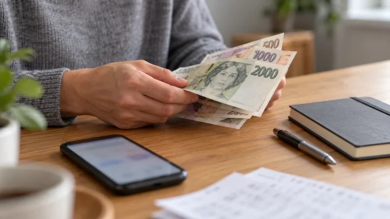 Člověk počítá české bankovky u stolu s telefonem a zápisníkem.
