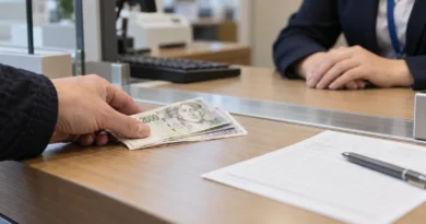 Klient předává české bankovky u bankovní přepážky pro vklad hotovosti na účet.