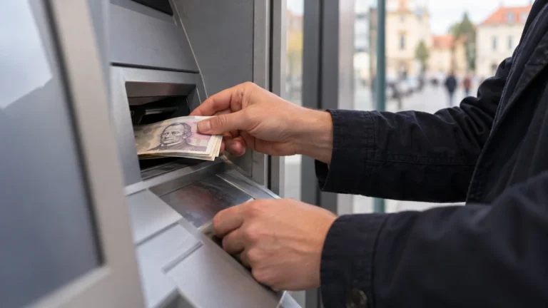Vklad českých bankovek do vkladového bankomatu.