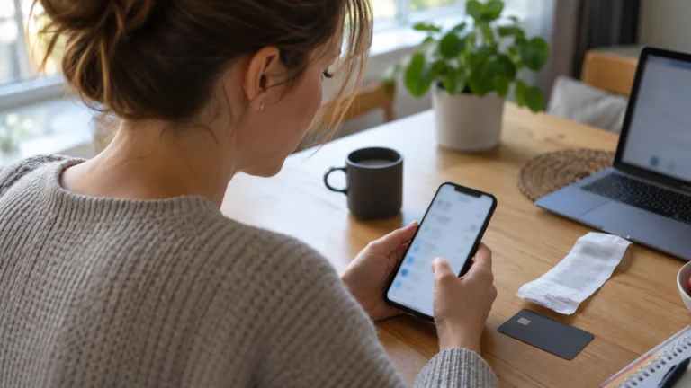 Žena kontroluje v telefonu vrácení platby, vedle leží platební karta a účtenka.