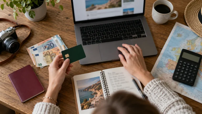 Notebook, eura a platební karta při přípravě zahraniční platby.