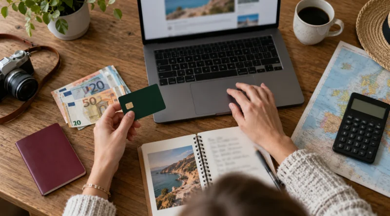 Notebook, eura a platební karta při přípravě zahraniční platby.