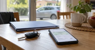 Telefon s elektronickým dokladem o pojištění a klíče od auta.