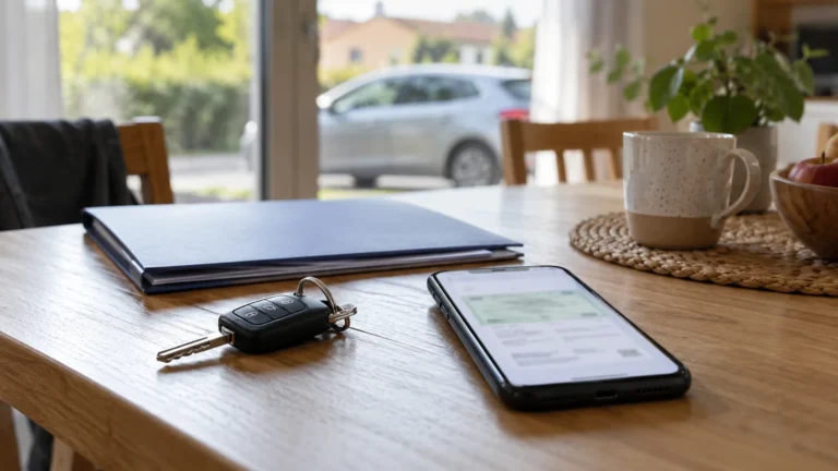 Telefon s elektronickým dokladem o pojištění a klíče od auta.