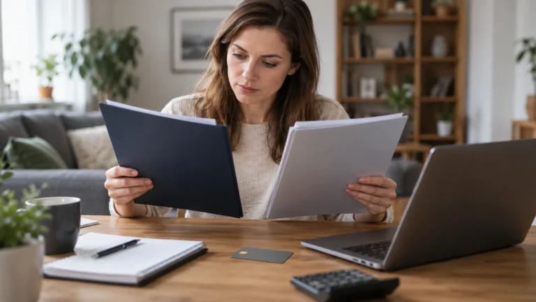 Žena porovnává dvě složky bankovních podkladů u notebooku.
