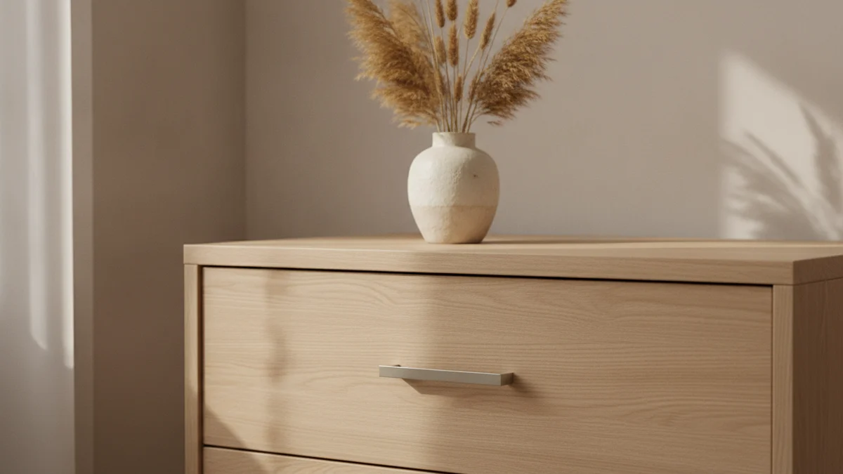 Zrušení kreditní karty Home Credit: zavřená dřevěná zásuvka komody s kovovým úchytem a váza se suchými travinami