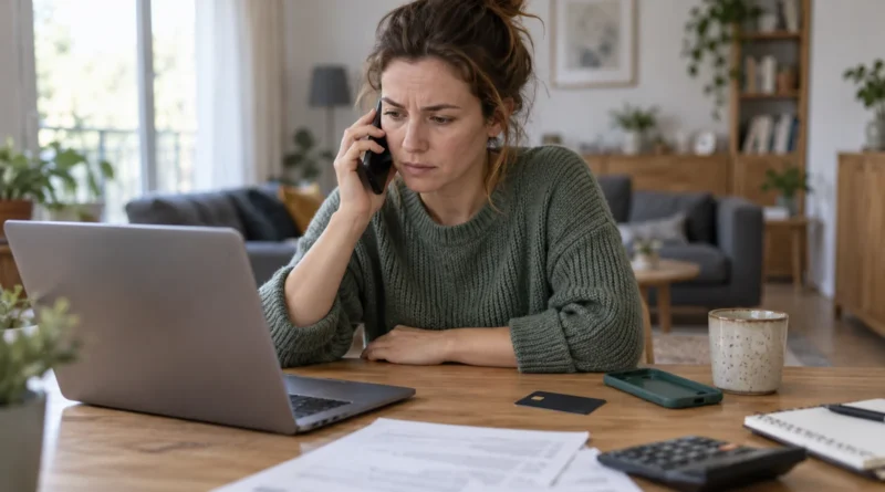 Žena telefonuje u notebooku vedle platební karty.
